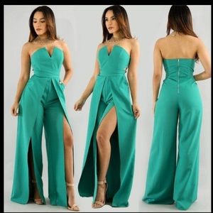 Strapless Green Split Jumpsuit